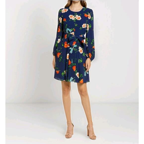 Eliza J Floral Fit & Flare Dress Knee Length 3/4 Sleeve Navy Garden Belt Party 8 - Picture 1 of 16